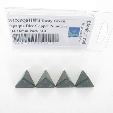 WCXPQ0415E4 Dusty Green Opaque Dice Copper Numbers D4 16mm Pack of 4 (ONLINE ORDER ONLY)