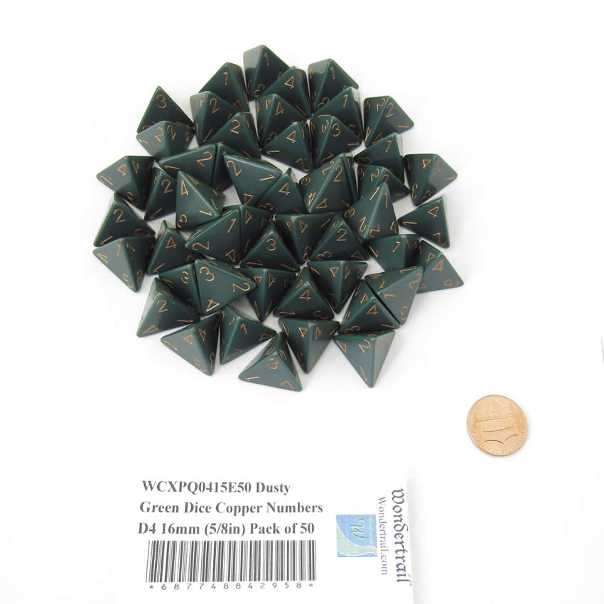 WCXPQ0415E50 Dusty Green Dice Copper Numbers D4 16mm (5/8in) Pack of 50 (ONLINE ORDER ONLY)