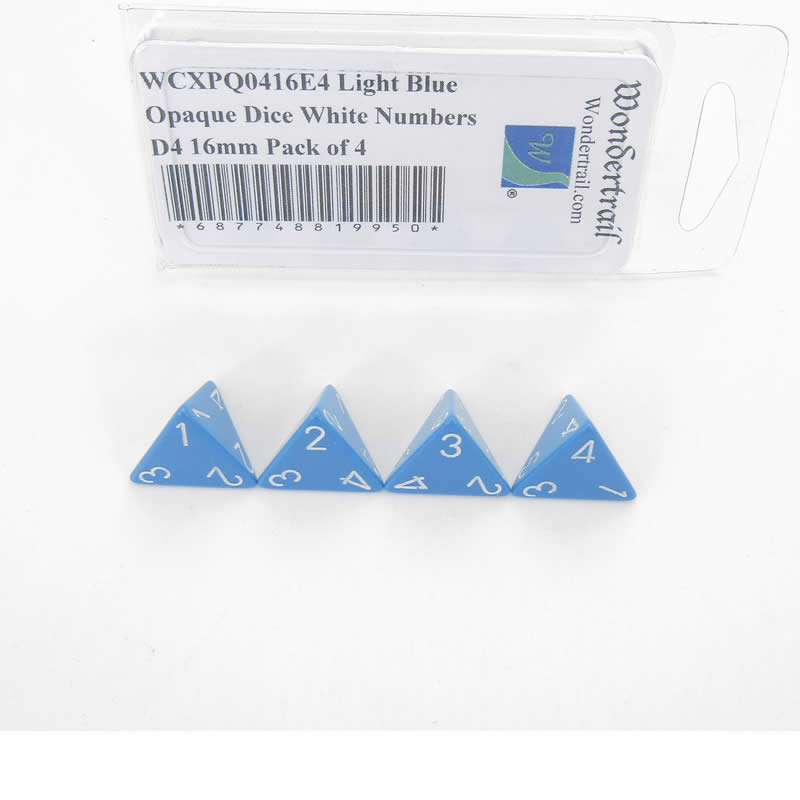 WCXPQ0416E4 Light Blue Opaque Dice White Numbers D4 16mm Pack of 4 (ONLINE ORDER ONLY)