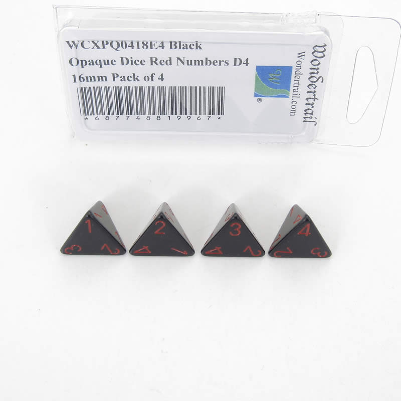 WCXPQ0418E4 Black Opaque Dice Red Numbers D4 16mm Pack of 4 (ONLINE ORDER ONLY)