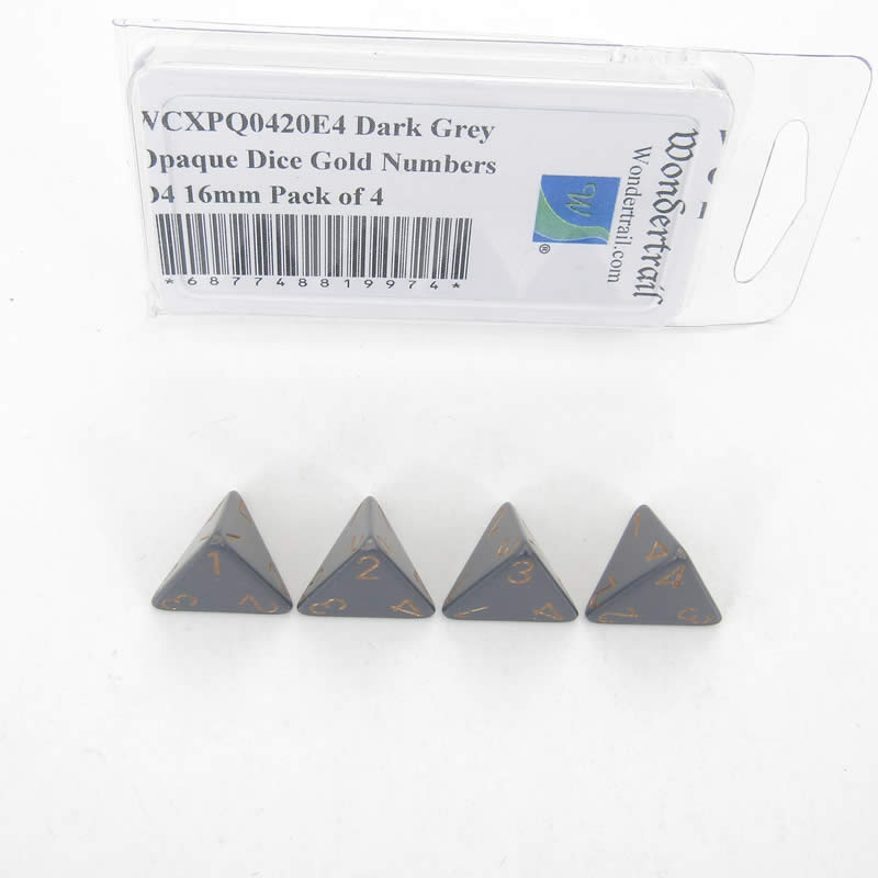 WCXPQ0420E4 Dark Grey Opaque Dice Gold Numbers D4 16mm Pack of 4 (ONLINE ORDER ONLY)