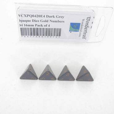 WCXPQ0420E4 Dark Grey Opaque Dice Gold Numbers D4 16mm Pack of 4 (ONLINE ORDER ONLY)