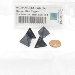 WCXPQ0426E4 Dusty Blue Opaque Dice Copper Numbers D4 16mm Pack of 4 (ONLINE ORDER ONLY)