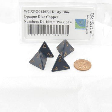 WCXPQ0426E4 Dusty Blue Opaque Dice Copper Numbers D4 16mm Pack of 4 (ONLINE ORDER ONLY)