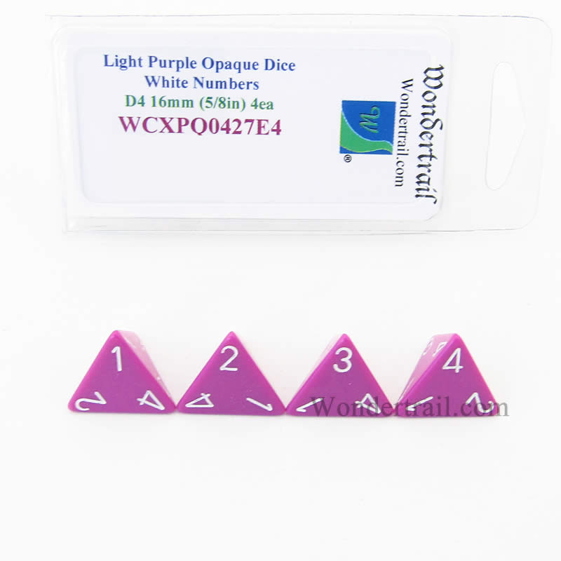 WCXPQ0427E4 Light Purple Opaque Dice White Numbers D4 16mm Pack of 4 (ONLINE ORDER ONLY)