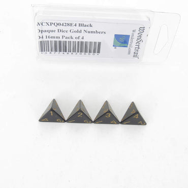 WCXPQ0428E4 Black Opaque Dice Gold Numbers D4 16mm Pack of 4 (ONLINE ORDER ONLY)