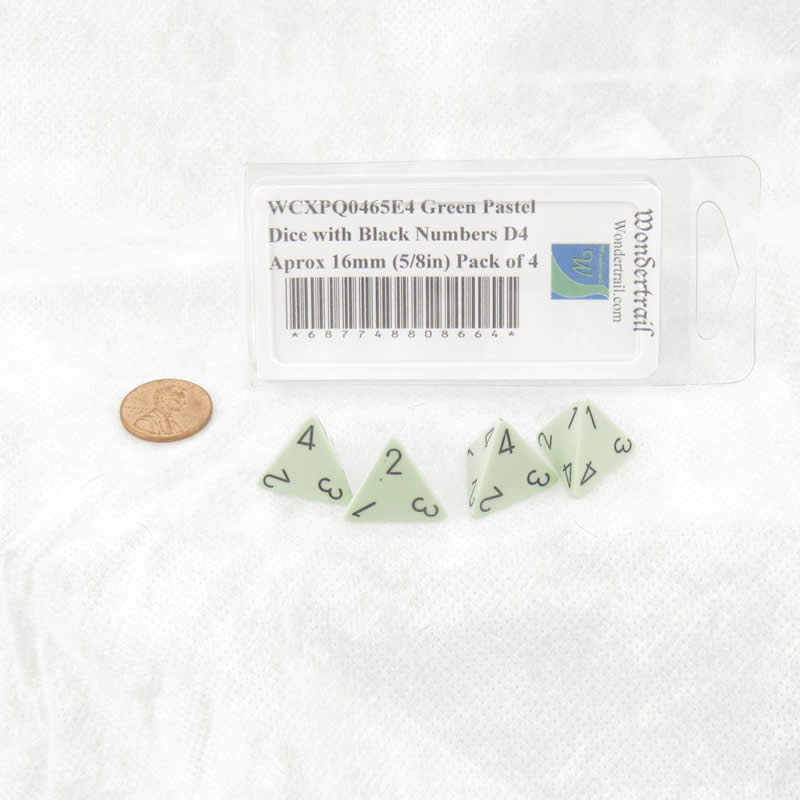 WCXPQ0465E4 Green Pastel Dice with Black Numbers D4 Aprox 16mm (5/8in) Pack of 4 (ONLINE ORDER ONLY)