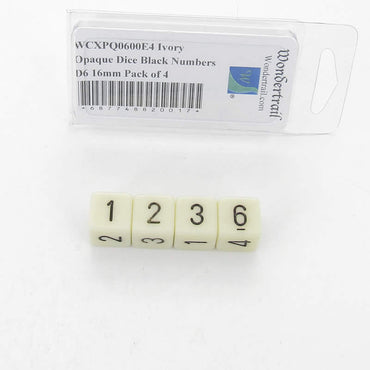 WCXPQ0600E4 Ivory Opaque Dice Black Numbers D6 16mm Pack of 4 (ONLINE ORDER ONLY)