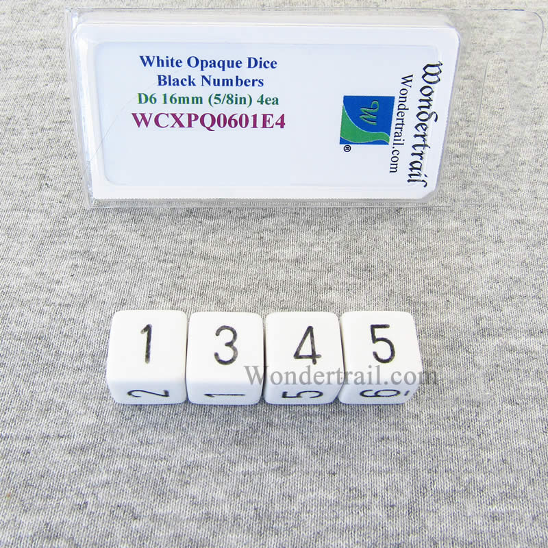 WCXPQ0601E4 White Opaque Dice Black Numbers D6 16mm Pack of 4 (ONLINE ORDER ONLY)
