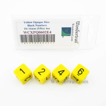 WCXPQ0602E4 Yellow Opaque Dice Black Numbers D6 16mm Pack of 4 (ONLINE ORDER ONLY)