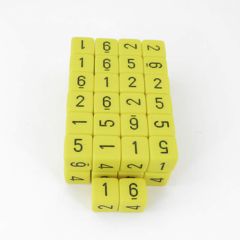 WCXPQ0602E50 Yellow Opaque Dice Black Numbers D6 Aprox 16mm Pack of 50 (ONLINE ORDER ONLY)