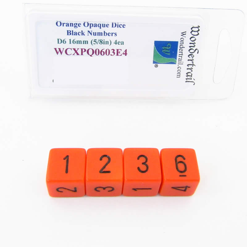 WCXPQ0603E4 Orange Opaque Dice Black Numbers D6 16mm Pack of 4 (ONLINE ORDER ONLY)