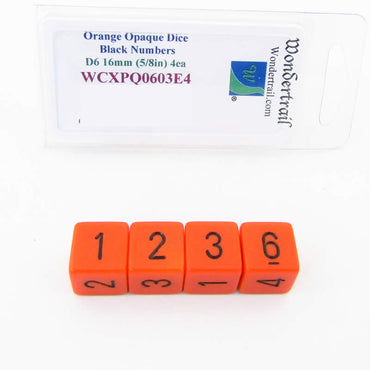 WCXPQ0603E4 Orange Opaque Dice Black Numbers D6 16mm Pack of 4 (ONLINE ORDER ONLY)