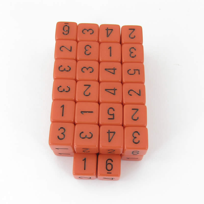 WCXPQ0603E50 Orange Opaque Dice Black Numbers D6 Aprox 16mm Pack of 50 (ONLINE ORDER ONLY)