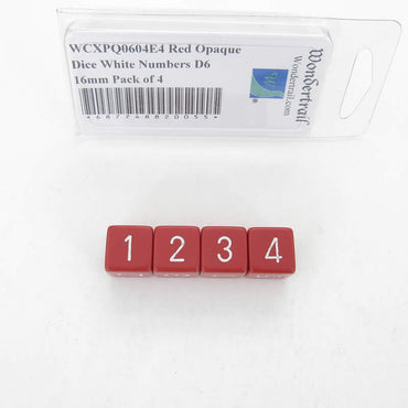 WCXPQ0604E4 Red Opaque Dice White Numbers D6 16mm Pack of 4 (ONLINE ORDER ONLY)