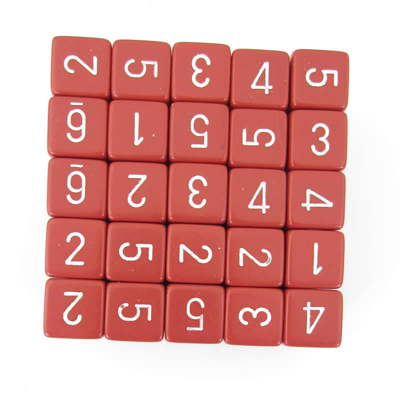 WCXPQ0604E50 Red Opaque Dice White Numbers D6 Aprox 16mm Pack of 50 (ONLINE ORDER ONLY)
