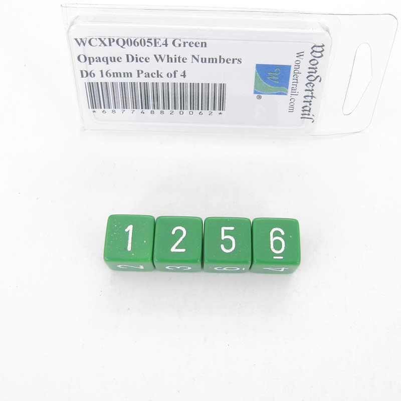 WCXPQ0605E4 Green Opaque Dice White Numbers D6 16mm Pack of 4 (ONLINE ORDER ONLY)