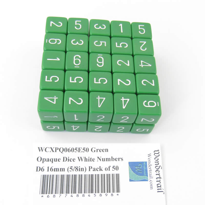 WCXPQ0605E50 Green Opaque Dice White Numbers D6 16mm (5/8in) Pack of 50 (ONLINE ORDER ONLY)