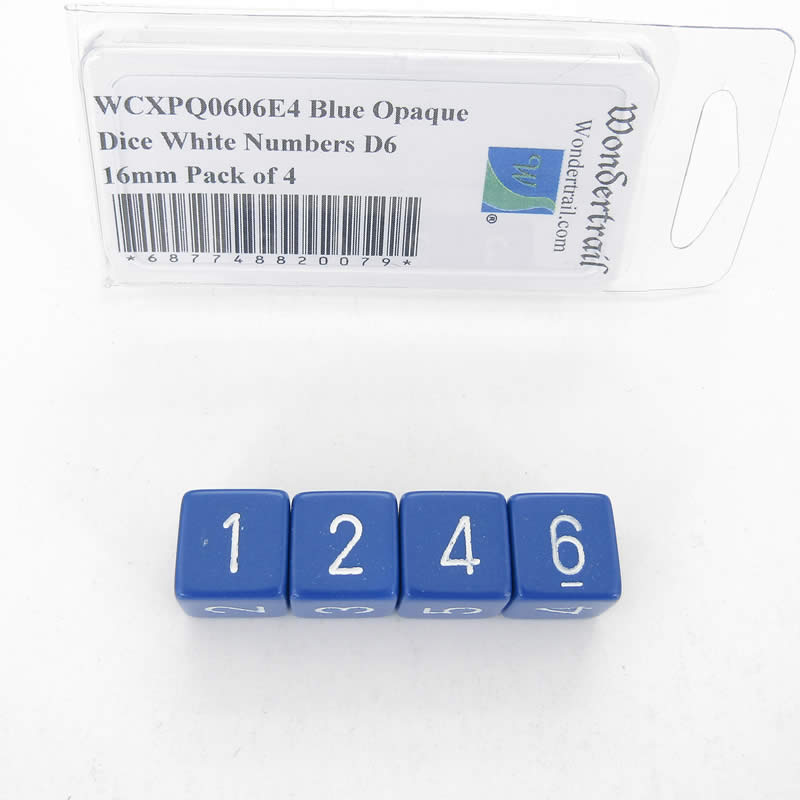 WCXPQ0606E4 Blue Opaque Dice White Numbers D6 16mm Pack of 4 (ONLINE ORDER ONLY)