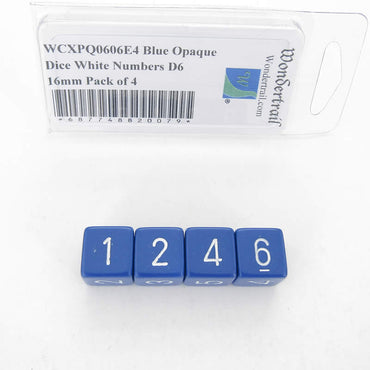 WCXPQ0606E4 Blue Opaque Dice White Numbers D6 16mm Pack of 4 (ONLINE ORDER ONLY)