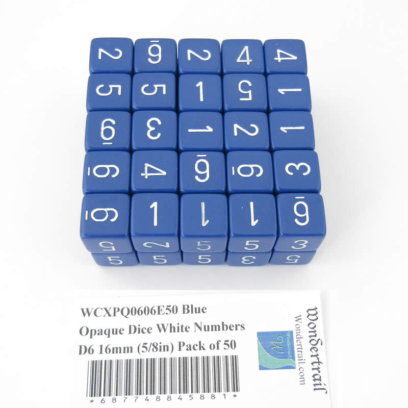 WCXPQ0606E50 Blue Opaque Dice White Numbers D6 16mm (5/8in) Pack of 50 (ONLINE ORDER ONLY)