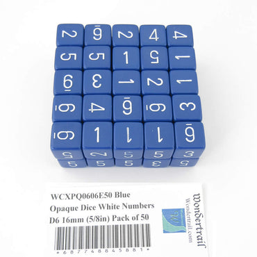 WCXPQ0606E50 Blue Opaque Dice White Numbers D6 16mm (5/8in) Pack of 50 (ONLINE ORDER ONLY)