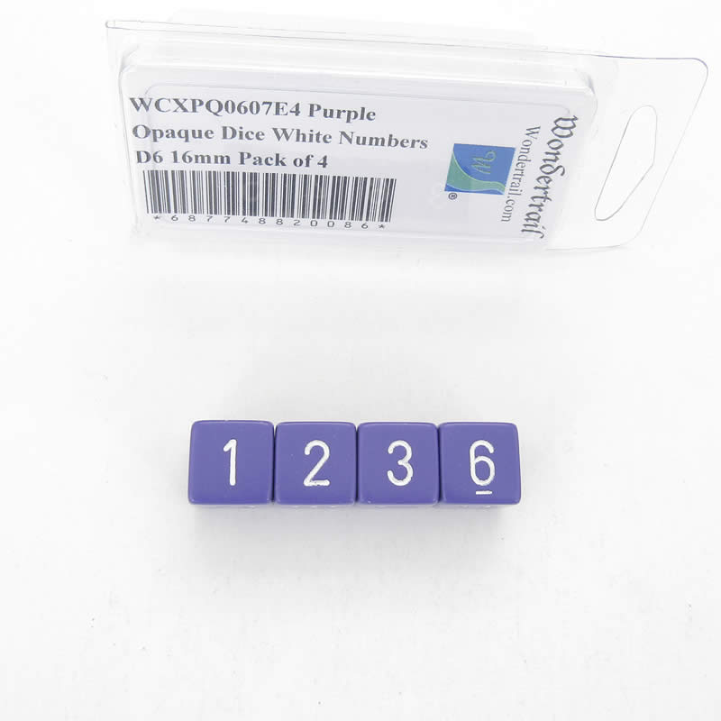 WCXPQ0607E4 Purple Opaque Dice White Numbers D6 16mm Pack of 4 (ONLINE ORDER ONLY)