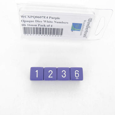 WCXPQ0607E4 Purple Opaque Dice White Numbers D6 16mm Pack of 4 (ONLINE ORDER ONLY)