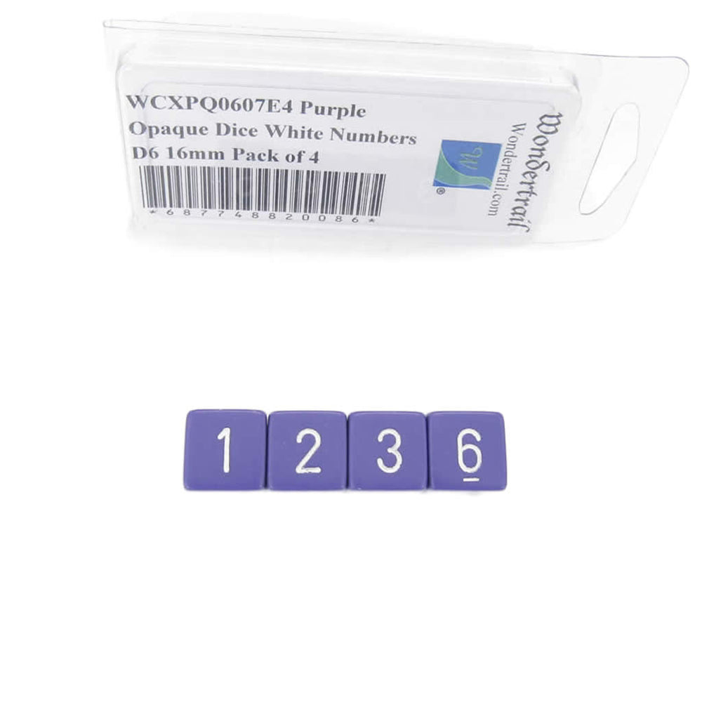 WCXPQ0607E4 Purple Opaque Dice White Numbers D6 16mm Pack of 4 (ONLINE ORDER ONLY)