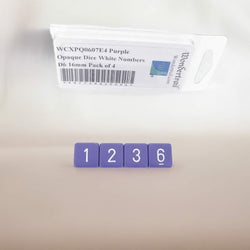 WCXPQ0607E4 Purple Opaque Dice White Numbers D6 16mm Pack of 4 (ONLINE ORDER ONLY)