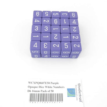 WCXPQ0607E50 Purple Opaque Dice White Numbers D6 16mm Pack of 50 (ONLINE ORDER ONLY)