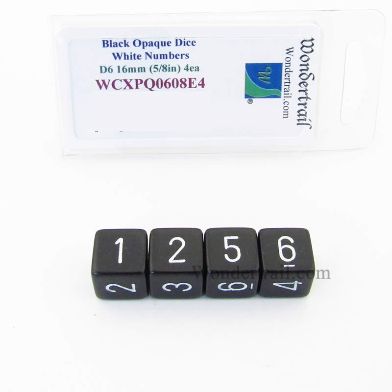 WCXPQ0608E4 Black Opaque Dice White Numbers D6 16mm Pack of 4 (ONLINE ORDER ONLY)
