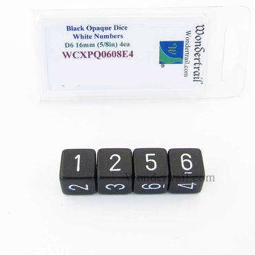 WCXPQ0608E4 Black Opaque Dice White Numbers D6 16mm Pack of 4 (ONLINE ORDER ONLY)