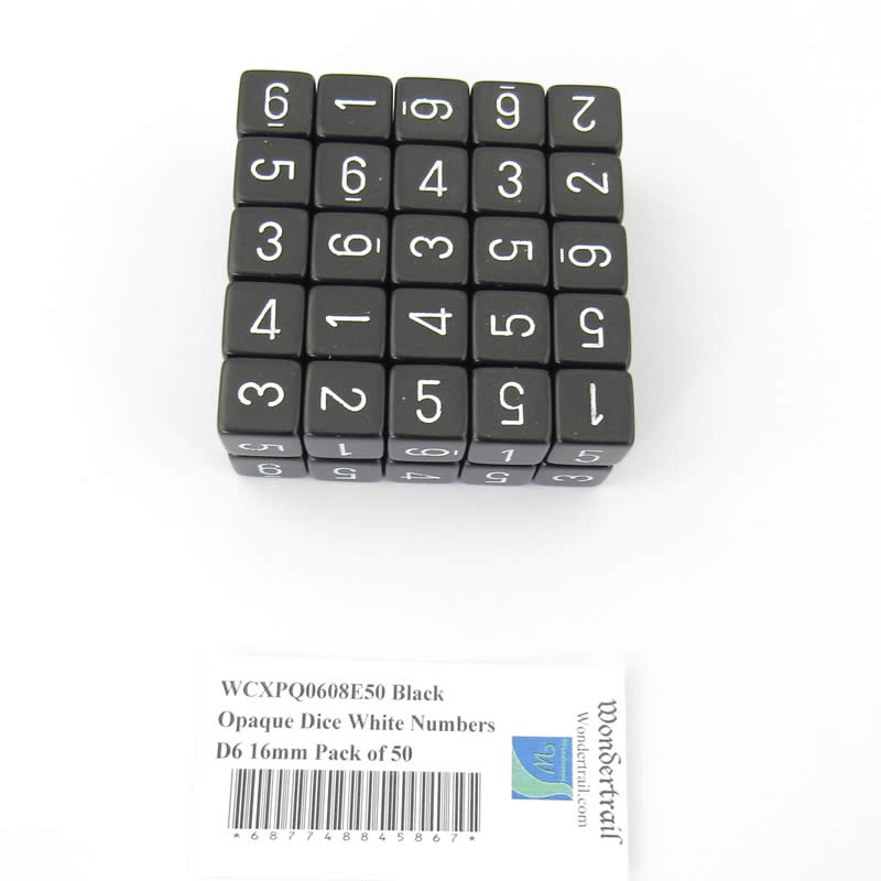 WCXPQ0608E50 Black Opaque Dice White Numbers D6 16mm Pack of 50 (ONLINE ORDER ONLY)