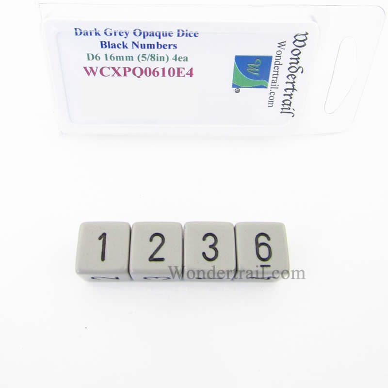 WCXPQ0610E4 Dark Grey Opaque Dice Black Numbers D6 16mm Pack of 4 (ONLINE ORDER ONLY)