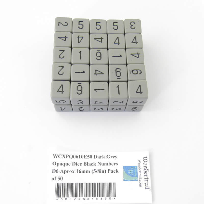 WCXPQ0610E50 Dark Grey Opaque Dice Black Numbers D6 Aprox 16mm (5/8in) Pack of 50 (ONLINE ORDER ONLY)