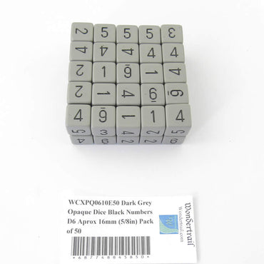 WCXPQ0610E50 Dark Grey Opaque Dice Black Numbers D6 Aprox 16mm (5/8in) Pack of 50 (ONLINE ORDER ONLY)