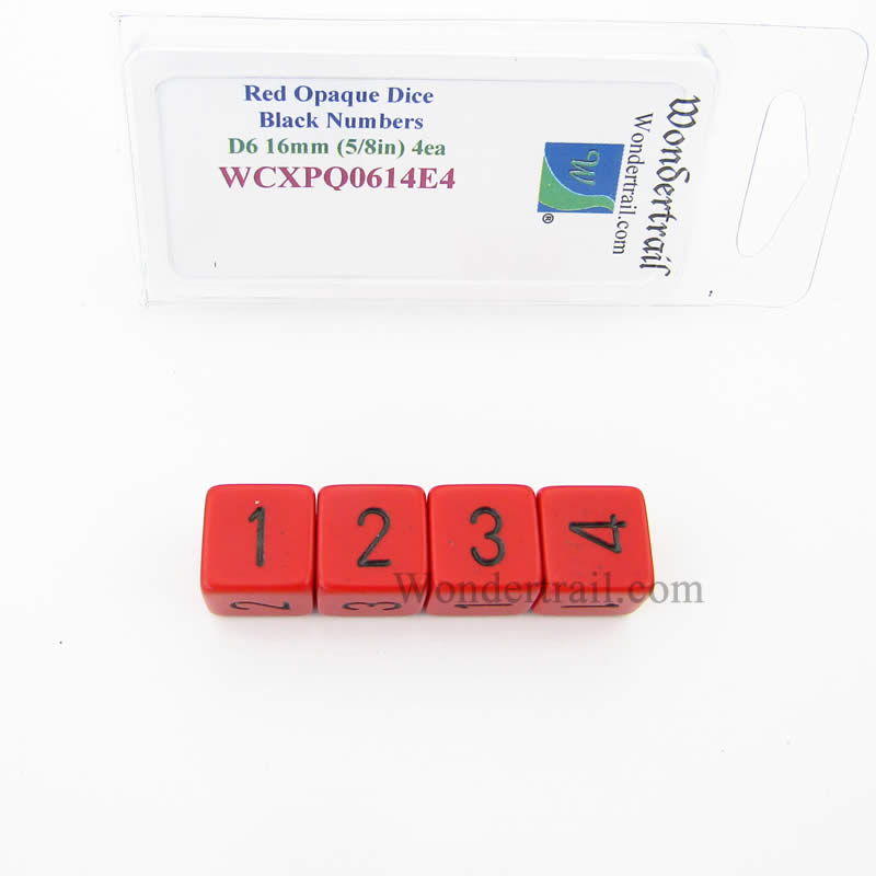 WCXPQ0614E4 Red Opaque Dice Black Numbers D6 16mm Pack of 4 (ONLINE ORDER ONLY)
