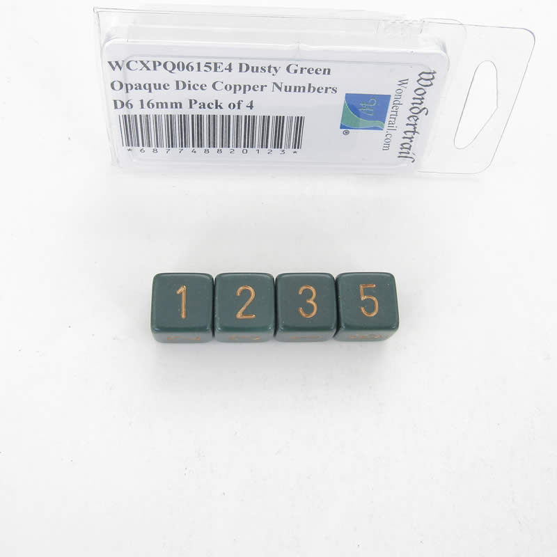 WCXPQ0615E4 Dusty Green Opaque Dice Copper Numbers D6 16mm Pack of 4 (ONLINE ORDER ONLY)