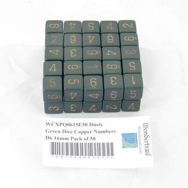 WCXPQ0615E50 Dusty Green Dice Copper Numbers D6 16mm Pack of 50 (ONLINE ORDER ONLY)