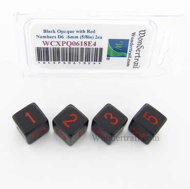 WCXPQ0618E4 Black Opaque Dice Red Numbers D6 16mm Pack of 4 (ONLINE ORDER ONLY)
