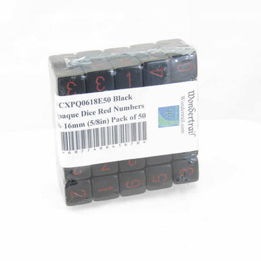 WCXPQ0618E50 Black Opaque Dice Red Numbers D6 16mm (5/8in) Pack of 50 (ONLINE ORDER ONLY)