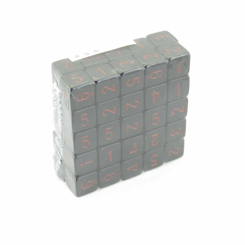 WCXPQ0618E50 Black Opaque Dice Red Numbers D6 16mm (5/8in) Pack of 50 (ONLINE ORDER ONLY)