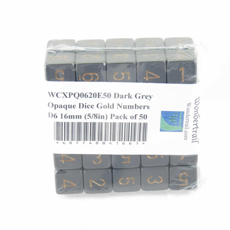 WCXPQ0620E50 Dark Grey Opaque Dice Gold Numbers D6 16mm (5/8in) Pack of 50 (ONLINE ORDER ONLY)