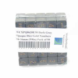 WCXPQ0620E50 Dark Grey Opaque Dice Gold Numbers D6 16mm (5/8in) Pack of 50 (ONLINE ORDER ONLY)
