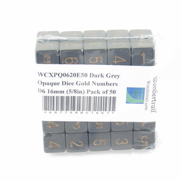 WCXPQ0620E50 Dark Grey Opaque Dice Gold Numbers D6 16mm (5/8in) Pack of 50 (ONLINE ORDER ONLY)