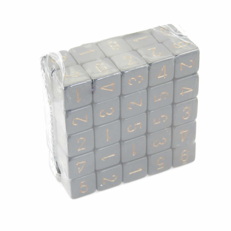 WCXPQ0620E50 Dark Grey Opaque Dice Gold Numbers D6 16mm (5/8in) Pack of 50 (ONLINE ORDER ONLY)