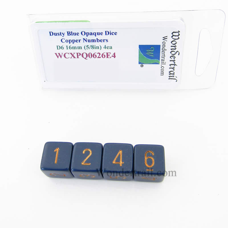 WCXPQ0626E4 Dusty Blue Opaque Dice Copper Numbers D6 16mm Pack of 4 (ONLINE ORDER ONLY)