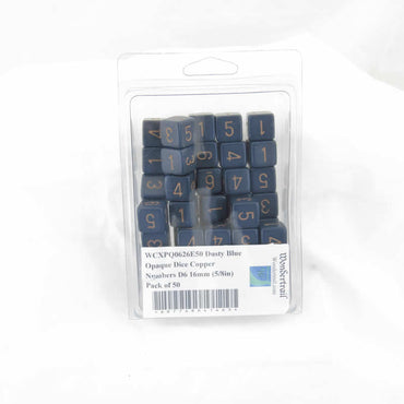 WCXPQ0626E50 Dusty Blue Opaque Dice Copper Numbers D6 16mm (5/8in) Pack of 50 (ONLINE ORDER ONLY)