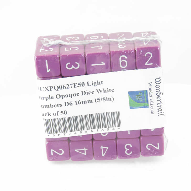 WCXPQ0627E50 Light Purple Opaque Dice White Numbers D6 16mm (5/8in) Pack of 50 (ONLINE ORDER ONLY)